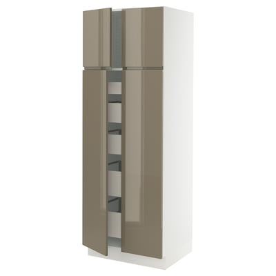 SEKTION / MAXIMERA Armoire haute 4 portes/5 tiroirs, blanc/Voxtorp gris-brun foncé ultrabrillant, 30x24x80 "