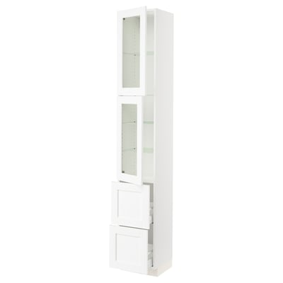 SEKTION / MAXIMERA Armoire haute av 2 ptes vitr/2 tir, blanc Enköping/blanc effet bois, 15x15x90 "