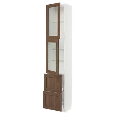 SEKTION / MAXIMERA Armoire haute av 2 ptes vitr/2 tir, blanc Enköping/brun effet noyer, 18x15x90 "