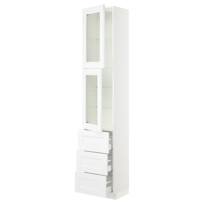 SEKTION / MAXIMERA Armoire haute av 2 ptes vitr/3 tir, blanc/Axstad blanc mat, 18x15x90 "