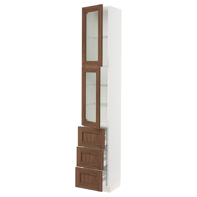 SEKTION / MAXIMERA Armoire haute av 2 ptes vitr/3 tir, blanc Enköping/brun effet noyer, 15x15x90 "