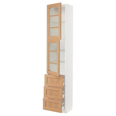 SEKTION / MAXIMERA Armoire haute av 2 ptes vitr/3 tir, blanc/Vedhamn chêne, 18x15x90 "