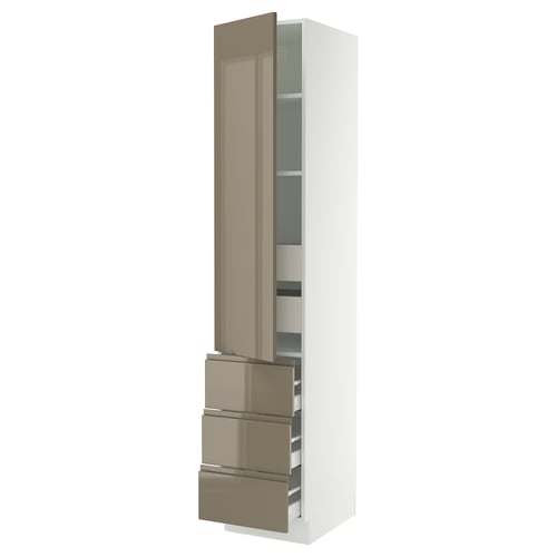 SEKTION / MAXIMERA Armoire haute porte/3 faces/5 tir, blanc/Voxtorp gris-brun foncé ultrabrillant, 18x24x90 "