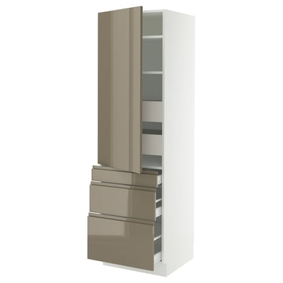 SEKTION / MAXIMERA Armoire haute porte/3 faces/5 tir, blanc/Voxtorp gris-brun foncé ultrabrillant, 24x24x80 "