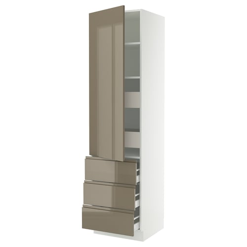 SEKTION / MAXIMERA Armoire haute porte/3 faces/5 tir, blanc/Voxtorp gris-brun foncé ultrabrillant, 24x24x90 "