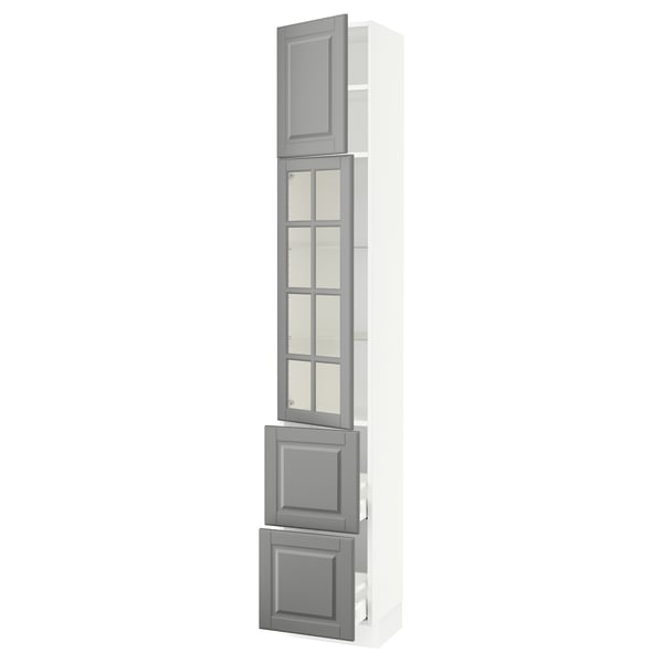 SEKTION / MAXIMERA Armoire haute pte vitr/2 tir/1 pte, blanc/Bodbyn gris, 15x15x90 "