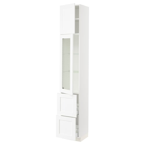 SEKTION / MAXIMERA Armoire haute pte vitr/2 tir/1 pte, blanc Enköping/blanc effet bois, 15x15x90 "