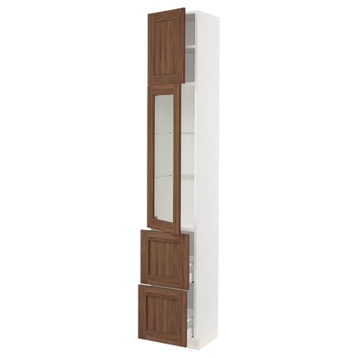 SEKTION / MAXIMERA Armoire haute pte vitr/2 tir/1 pte, blanc Enköping/brun effet noyer, 15x15x90 "
