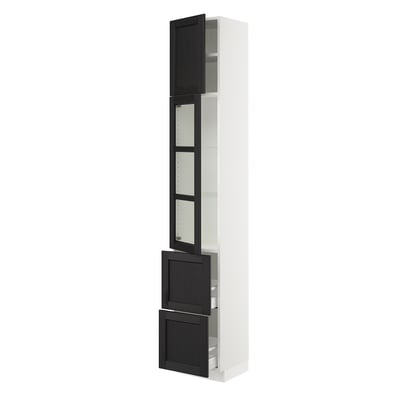 SEKTION / MAXIMERA Armoire haute pte vitr/2 tir/1 pte, blanc/Lerhyttan teinté noir, 15x15x90 "