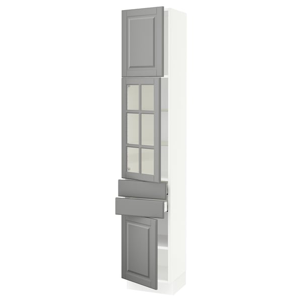 SEKTION / MAXIMERA Armoire haute pte vitr/2 tir/2 ptes, blanc/Bodbyn gris, 15x15x80 "