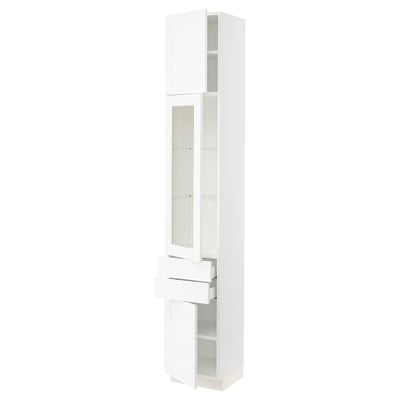 SEKTION / MAXIMERA Armoire haute pte vitr/2 tir/2 ptes, blanc Enköping/blanc effet bois, 15x15x90 "