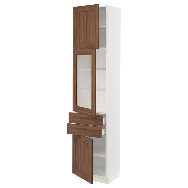SEKTION / MAXIMERA Armoire haute pte vitr/2 tir/2 ptes, blanc Enköping/brun effet noyer, 18x15x80 "