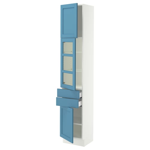 SEKTION / MAXIMERA Armoire haute pte vitr/2 tir/2 ptes, blanc/Lerhyttan bleu, 15x15x80 "