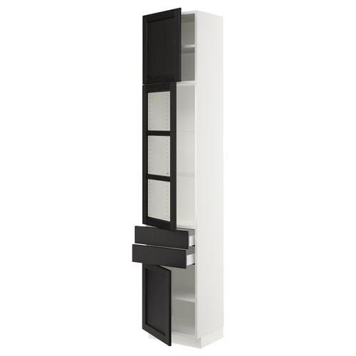 SEKTION / MAXIMERA Armoire haute pte vitr/2 tir/2 ptes, blanc/Lerhyttan teinté noir, 18x15x90 "