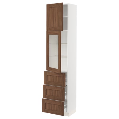 SEKTION / MAXIMERA Armoire haute pte vitr/3 tir/1 pte, blanc Enköping/brun effet noyer, 18x15x80 "