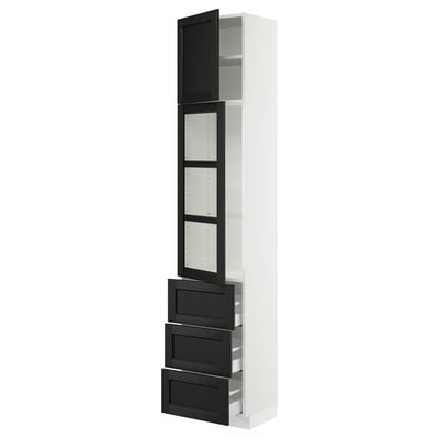 SEKTION / MAXIMERA Armoire haute pte vitr/3 tir/1 pte, blanc/Lerhyttan teinté noir, 18x15x90 "