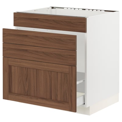 SEKTION / MAXIMERA Armoire inf pr évier/tri/4 faces, blanc Enköping/brun effet noyer, 30x24x30 "