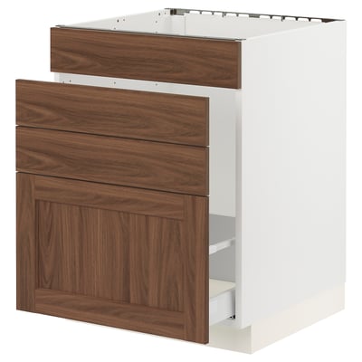 SEKTION / MAXIMERA Armoire inf pr évier/tri/4 faces, blanc Enköping/brun effet noyer, 24x24x30 "