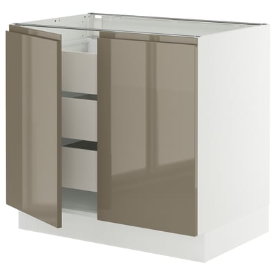 SEKTION / MAXIMERA Armoire inférieure 2 ptes/3 tir, blanc/Voxtorp gris-brun foncé ultrabrillant, 36x24x30 "