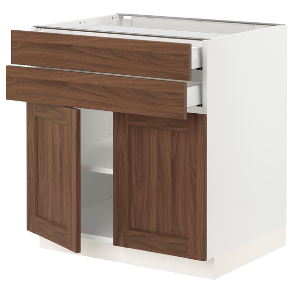 SEKTION / MAXIMERA Armoire inférieure 2portes/2tiroirs, blanc Enköping/brun effet noyer, 30x24x30 "