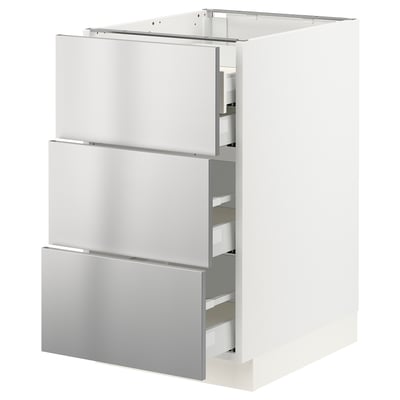 SEKTION / MAXIMERA Armoire inférieure 3 faces/4tiroirs, blanc/Nogsta acier inox, 18x24x30 "