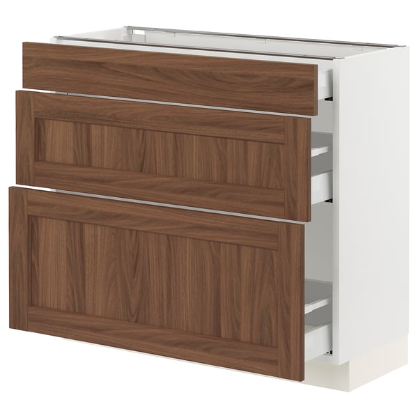 SEKTION / MAXIMERA Armoire inférieure 3 tiroirs, blanc Enköping/brun effet noyer, 36x15x30 "