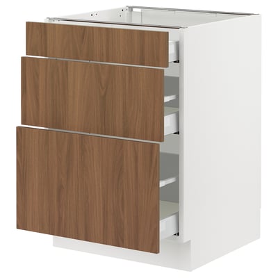 SEKTION / MAXIMERA Armoire inférieure 3 tiroirs, blanc/Tistorp effet noyer foncé, 24x24x30 "