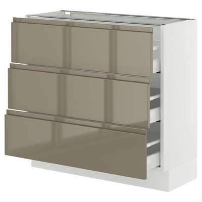 SEKTION / MAXIMERA Armoire inférieure 3 tiroirs, blanc/Voxtorp gris-brun foncé ultrabrillant, 36x15x30 "