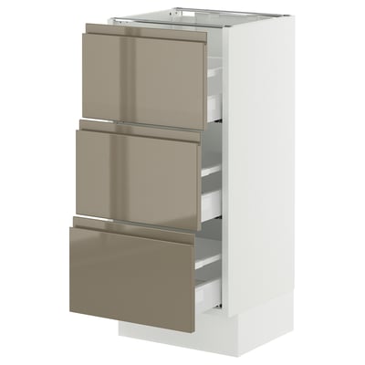 SEKTION / MAXIMERA Armoire inférieure 3 tiroirs, blanc/Voxtorp gris-brun foncé ultrabrillant, 15x15x30 "