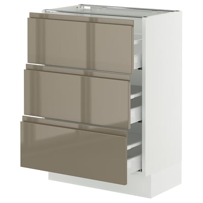 SEKTION / MAXIMERA Armoire inférieure 3 tiroirs, blanc/Voxtorp gris-brun foncé ultrabrillant, 24x15x30 "