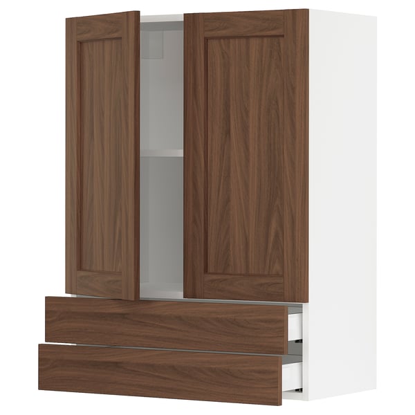 SEKTION / MAXIMERA Armoire murale 2portes/2tiroirs, blanc Enköping/brun effet noyer, 30x15x40 "