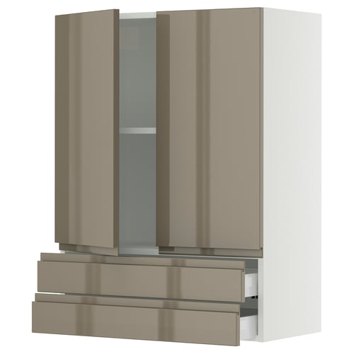 SEKTION / MAXIMERA Armoire murale 2portes/2tiroirs, blanc/Voxtorp gris-brun foncé ultrabrillant, 30x15x40 "