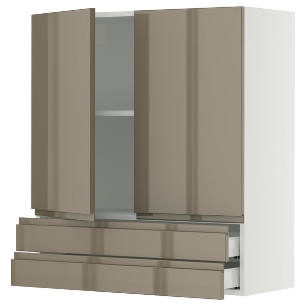 SEKTION / MAXIMERA Armoire murale 2portes/2tiroirs, blanc/Voxtorp gris-brun foncé ultrabrillant, 36x15x40 "