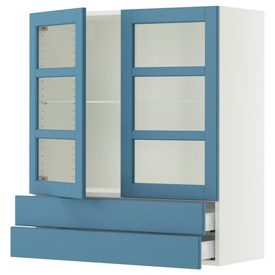 SEKTION / MAXIMERA Armoire murale+2ptes vitrées/2tir, blanc/Lerhyttan bleu, 36x15x40 "