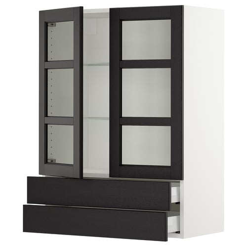 SEKTION / MAXIMERA Armoire murale+2ptes vitrées/2tir, blanc/Lerhyttan teinté noir, 30x15x40 "