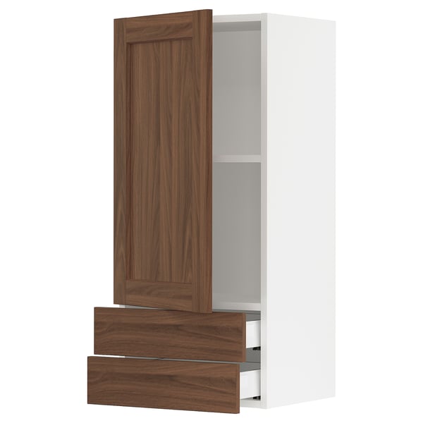 SEKTION / MAXIMERA Armoire murale avec porte/2tiroirs, blanc Enköping/brun effet noyer, 18x15x40 "
