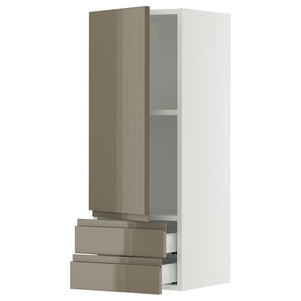 SEKTION / MAXIMERA Armoire murale avec porte/2tiroirs, blanc/Voxtorp gris-brun foncé ultrabrillant, 15x15x40 "