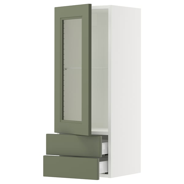 SEKTION / MAXIMERA Armoire murale pte vitrée/2 tiroirs, blanc/Axstad gris-vert, 15x15x40 "