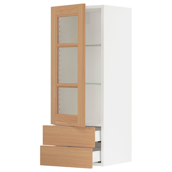 SEKTION / MAXIMERA Armoire murale pte vitrée/2 tiroirs, blanc/Vedhamn chêne, 15x15x40 "