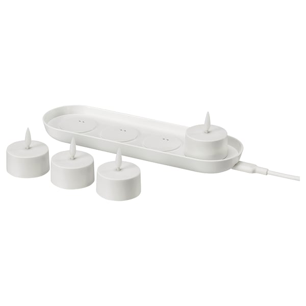 SKATGÅS Ensemble bougies chauffe-plat à DEL, avec station de charge blanc