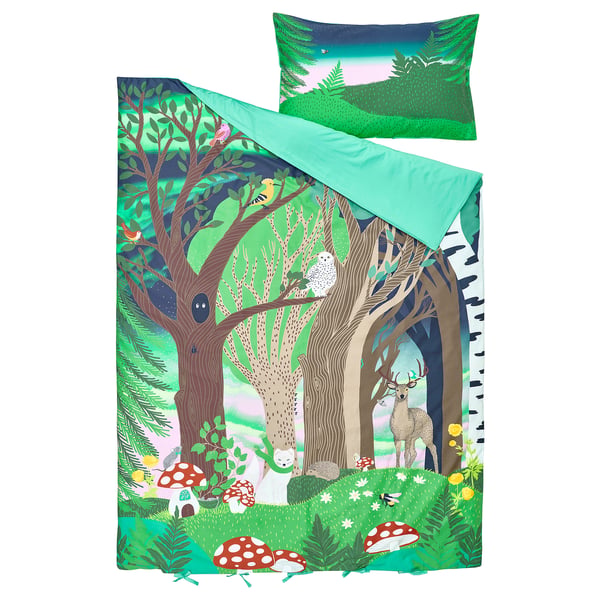 SKOGSDUVA Housse de couette et taie, multicolore/motif forêt, 1 place