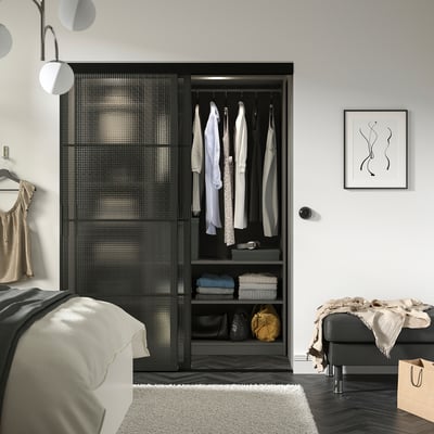 SKYTTA / LUNDBRÄSMA Agencement porte coulissante, noir/verre à carreaux, 59 7/8x80 1/2 "