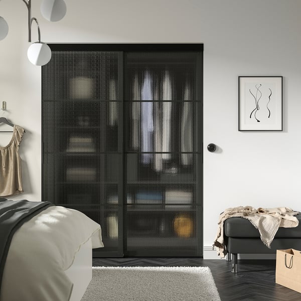 SKYTTA / LUNDBRÄSMA Agencement porte coulissante, noir/verre à carreaux, 59 7/8x80 1/2 "