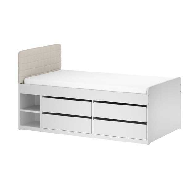SLÄKT Structure lit avec rangement, tête de lit incluse/Vissle beige, 1 place