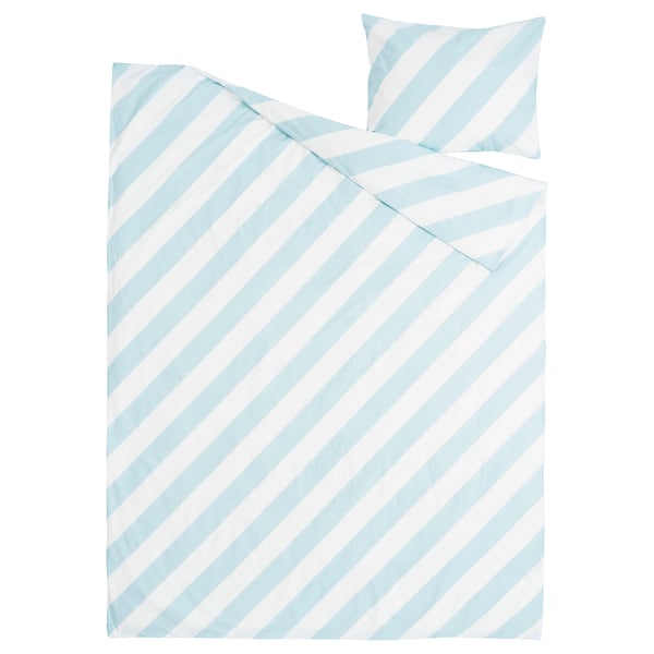 SLÖJSILJA Housse de couette et taie(s), bleu clair/blanc/rayure, 1 place