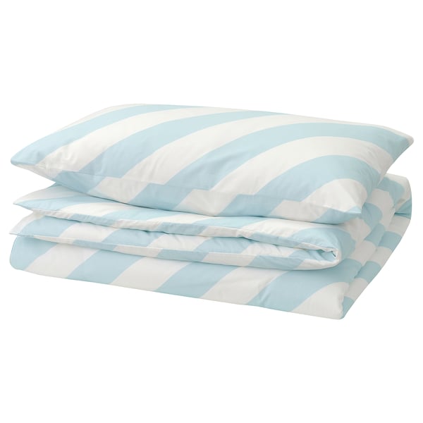SLÖJSILJA Housse de couette et taie(s), bleu clair/blanc/rayure, 1 place
