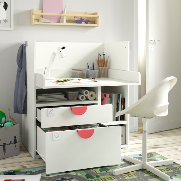 SMÅSTAD Bureau, blanc bleu/avec 2 tiroirs, 35 3/8x31 1/2x39 3/8 "