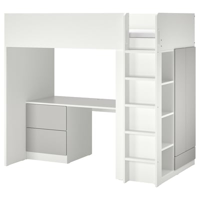 SMÅSTAD Lit mezzanine, blanc gris/avec bureau avec 3 tiroirs, 1 place