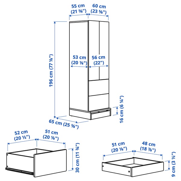 SMÅSTAD / UPPFÖRA Armoire-penderie, blanc avec cadre/avec 2 tiroirs, 23 5/8x25 5/8x77 1/8 "