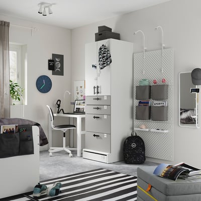 SMÅSTAD / UPPFÖRA Armoire-penderie, blanc gris/avec 4 tiroirs, 23 5/8x25 5/8x77 1/8 "